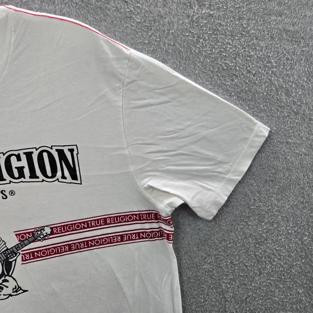 True Religion Men Shirt Large White Striped Logo Graphic Print‎ Short Sleeve Tee